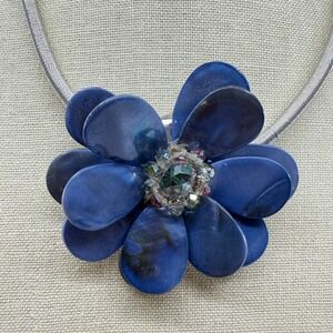 Jules Large Blue Flower Shell Pendant Necklace Silver Mesh Chunky Statement Y2K